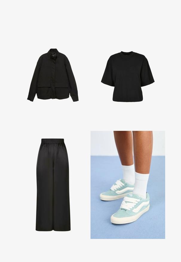 Černá bunda s vysokým límcem, předním zipem a dvěma velkými kapsami na klopy. Vyrobena z hladké, lehké látky s volným střihem.; Černé zkrácené tričko vyrobené z bavlny. Má krátké rukávy a kulatý výstřih. Hladký povrch s jednoduchým designem, bez dalších vzorů.; Černé široké kalhoty vyrobené z hladké, lesklé látky, s elastickým pasem bez viditelných kapes nebo kovových detailů.; Světle modré semišové tenisky s bílými akcenty a tkaničkami. Kulatá špička s texturovaným svrškem. Nosené s bílými kotníkovými ponožkami na modrém povrchu.