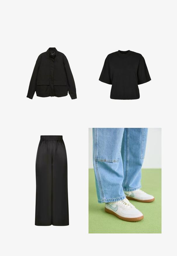 Svart jacka med hög krage, framzippering och två stora fickor med klaff. Tillverkad av ett mjukt, lätt tyg med en avslappnad passform.; Svart cropped t-shirt i bomull. Har korta ärmar och rund halsringning. Slät yta med en enkel design, utan ytterligare mönster.; Svarta vida byxor i slät, glänsande tyg med resårmidja och utan synliga fickor eller hårdvarudetaljer.; Vita sneakers med ljusblå accenter, texturerad mesh ovandel och beige gummisula, kombinerade med löst sittande ljusblå denimjeans.