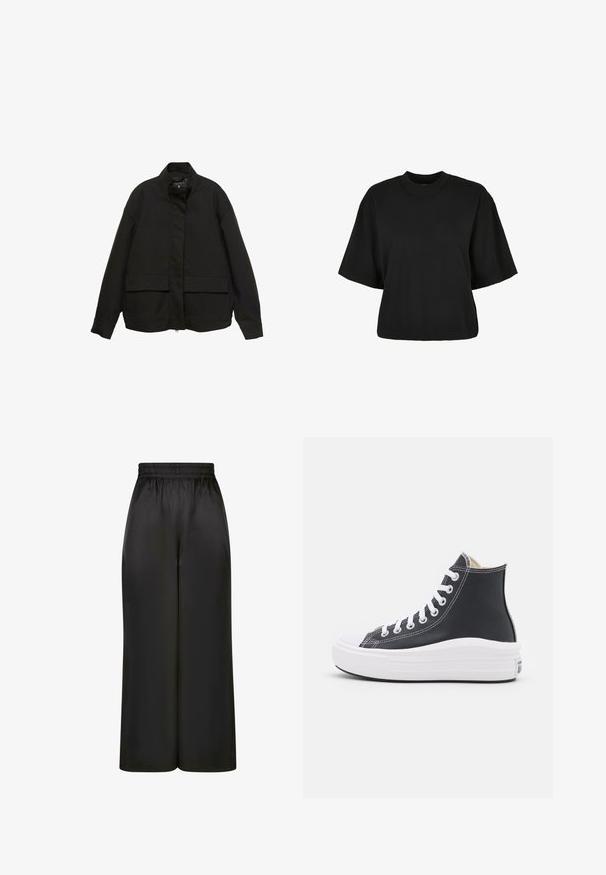 Czarna kurtka z wysokim kołnierzem, z przodu na zamek błyskawiczny i dwoma dużymi kieszeniami z klapami. Wykonana z gładkiego, lekkiego materiału o luźnym kroju.; Czarny krótki t-shirt wykonany z bawełny. Posiada krótkie rękawy i okrągły dekolt. Gładka tekstura z prostym wzornictwem, bez dodatkowych wzorów.; Czarne spodnie z szerokimi nogawkami, wykonane z gładkiego, błyszczącego materiału, z elastycznym pasem i bez widocznych kieszeni ani elementów metalowych.; Czarne sneakersy za kostkę z białymi sznurowadłami i gumową podeszwą. Charakteryzują się gładką skórzaną teksturą i białymi akcentami z przeszyciami.
