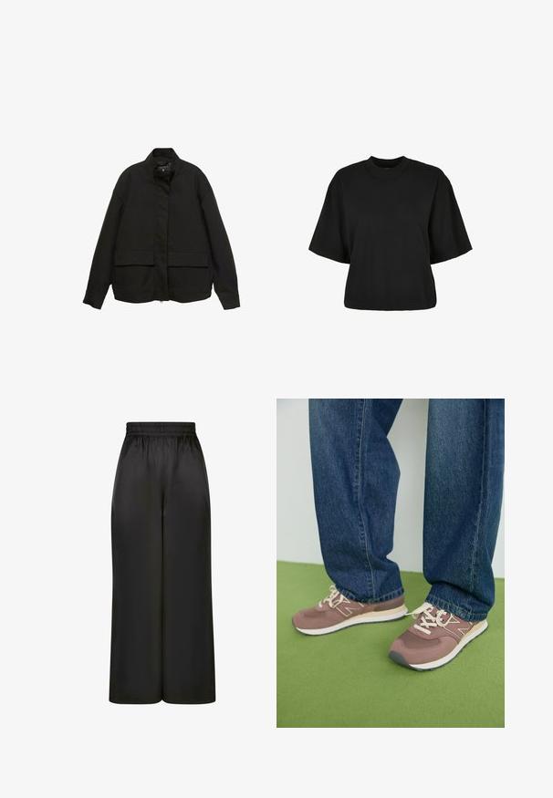 Fekete dzseki magas gallérral, elöl cipzárral és két nagy fedeles zsebbel. Simító, könnyű anyagból készült, laza szabású.; Fekete, rövid ujjú, pamut crop póló. Kerek nyakkivágással rendelkezik. Simára készült textúrája van, egyszerű dizájn, nincs rajta további minta.; Fekete, bő szárú nadrág, sima, fényes anyagból, rugalmas derékrésszel, látható zsebek vagy fém részletek nélkül.; Barna és mályva sportcipők fehér fűzővel és bézs talppal. Kék farmernadrággal viselve, zöld felület előtt.