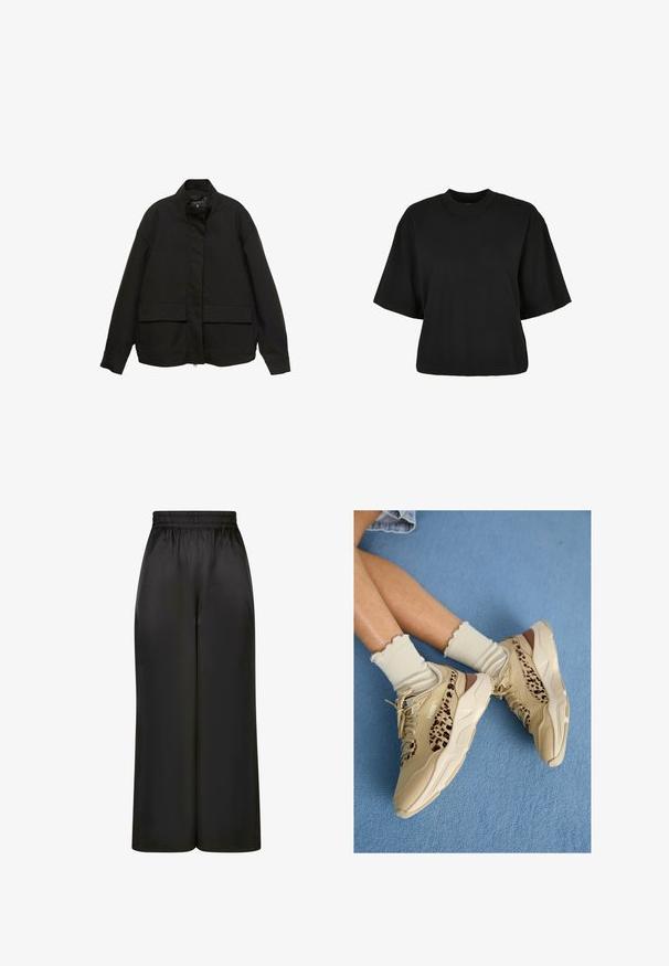 Crna jakna s visokim ovratnikom, prednjim zatvaračem i dva velika džepa s preklopom. Izrađena je od glatkog, laganog materijala s opuštenim krojem.; Crna skraćena majica od pamuka. Ima kratke rukave i okrugli izrez. Glatka tekstura s jednostavnim dizajnom, bez dodatnih uzoraka.; Crne široke hlače napravljene od glatkog, sjajnog materijala s elastičnim pojasom i bez vidljivih džepova ili metalnih detalja.; Noge prekrižene, obuvene u bež Puma tenisice s leopard print prugama i naboranim krem čarapama na plavom tepihu.