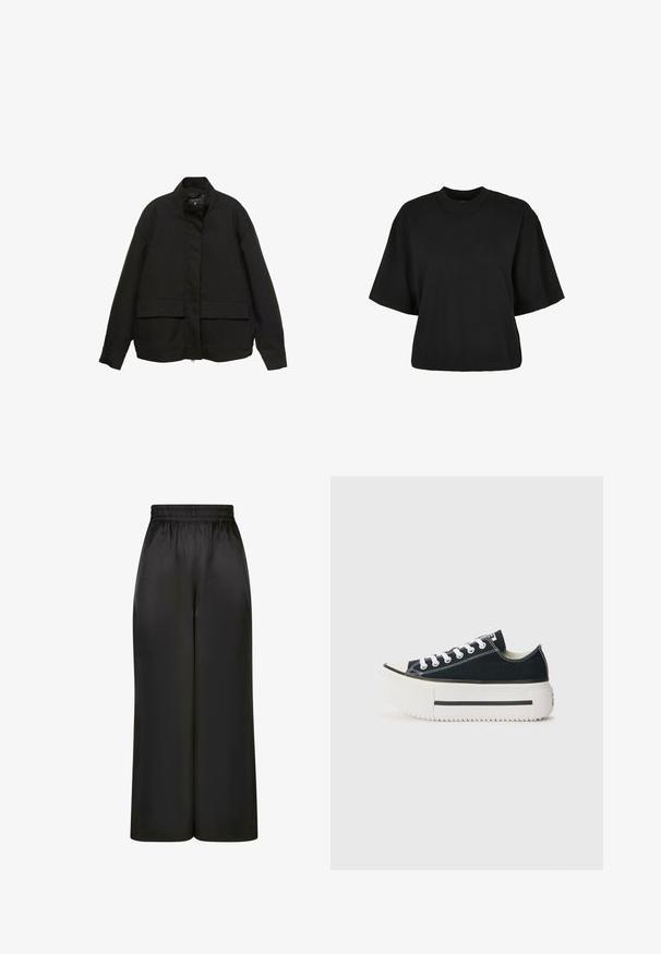 Fekete dzseki magas gallérral, elöl cipzárral és két nagy fedeles zsebbel. Simító, könnyű anyagból készült, laza szabású.; Fekete, rövid ujjú, pamut crop póló. Kerek nyakkivágással rendelkezik. Simára készült textúrája van, egyszerű dizájn, nincs rajta további minta.; Fekete, bő szárú nadrág, sima, fényes anyagból, rugalmas derékrésszel, látható zsebek vagy fém részletek nélkül.; Fekete vászon tornacipők fehér gumitalppal, vastag platformmal, fehér fűzőkkel és kontrasztos varrással az illesztéseknél.