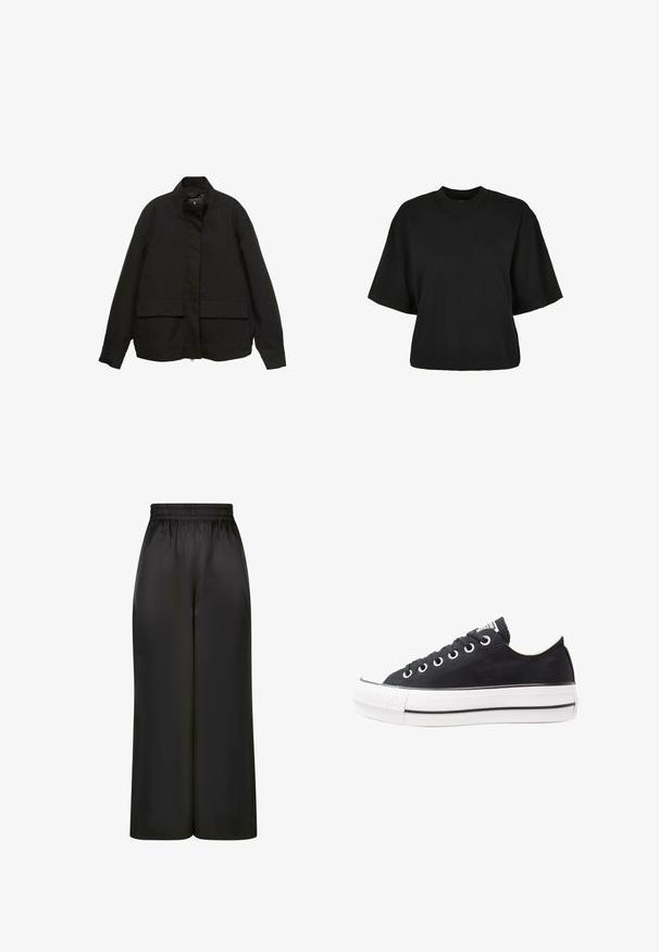 Fekete dzseki magas gallérral, elöl cipzárral és két nagy fedeles zsebbel. Simító, könnyű anyagból készült, laza szabású.; Fekete, rövid ujjú, pamut crop póló. Kerek nyakkivágással rendelkezik. Simára készült textúrája van, egyszerű dizájn, nincs rajta további minta.; Fekete, bő szárú nadrág, sima, fényes anyagból, rugalmas derékrésszel, látható zsebek vagy fém részletek nélkül.; Fekete vászon sportcipő fehér gumitalppal, kerek orral, alacsony tetejű dizájnnal, fémbemenetes lyukakkal és textúrált orral. Vékony fekete csík a talpon.