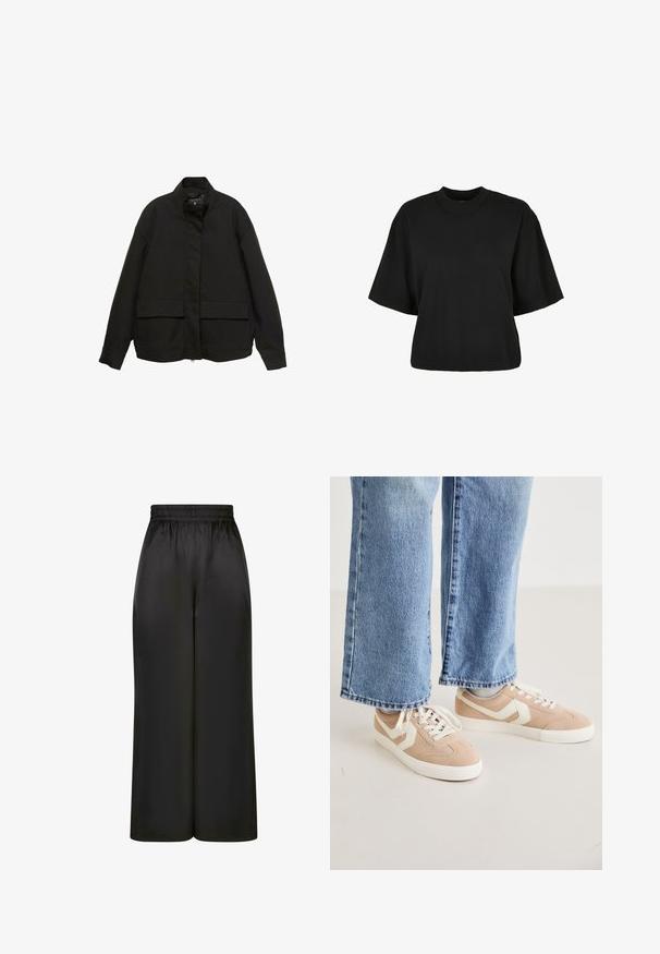 Mustan takki, jossa on korkea kaulus, etuvetoketju ja kaksi suurta läpällistä taskua. Valmistettu sileästä, kevyestä kankaasta, jossa on rento malli.; Mustat lyhyet hihattomat t-paidat, valmistettu puuvillasta. Siinä on lyhyt hihat ja pyöreä pääntie. Sileä rakenne yksinkertaisella muotoilulla, ilman ylimääräisiä kuvioita.; Mustat, leveät housut, jotka on valmistettu sileästä, kiiltävästä kankaasta, jossa on joustava vyötärö ja ei näkyviä taskuja tai metalliosia.; Beige mokka-nahka lenkkarit valkoisilla yksityiskohdilla, litteällä kumipohjalla ja nauhakiinnityksellä. Yhdistetty vaaleansinisiin leveälahkeisiin farkkuihin.