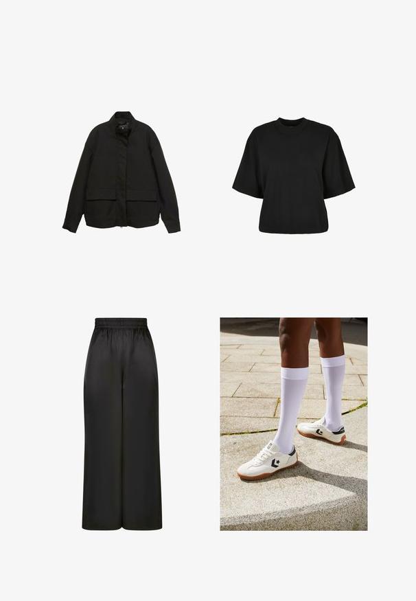 Černá bunda s vysokým límcem, předním zipem a dvěma velkými kapsami na klopy. Vyrobena z hladké, lehké látky s volným střihem.; Černé zkrácené tričko vyrobené z bavlny. Má krátké rukávy a kulatý výstřih. Hladký povrch s jednoduchým designem, bez dalších vzorů.; Černé široké kalhoty vyrobené z hladké, lesklé látky, s elastickým pasem bez viditelných kapes nebo kovových detailů.; Bílé sportovní boty s texturovaným povrchem, černými akcenty a hnědou gumovou podrážkou, doplněné bílými ponožkami do půli lýtek.