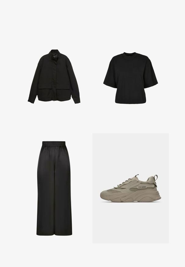 Sort jakke med høj krave, lynlås foran og to store klaplommer. Fremstillet af et glat, let stof med en afslappet pasform.; Sort cropped t-shirt lavet af bomuld. Har korte ærmer og rund halsudskæring. Glat tekstur med et enkelt design, ingen ekstra mønstre.; Sorte brede bukser lavet af glat, skinnende stof med elastisk talje og uden synlige lommer eller hardwaredetaljer.; Beige chunky sneakers med mesh-detaljer, tyk sål, snørebånd, strop på hælen og "STEVE MADDEN" logo på sidepanelet.