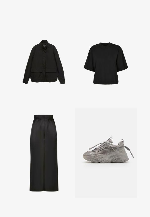 Veste noire avec col montant, fermeture éclair à l'avant et deux grandes poches à rabat. Fabriquée dans un tissu lisse et léger avec une coupe décontractée.; T-shirt noir court en coton. Doté de manches courtes et d'un col rond. Texture lisse avec un design simple, sans motifs supplémentaires.; Pantalons larges noirs en tissu lisse et brillant, avec une taille élastique et sans poches ni détails en métal visibles.; Baskets grises chunky avec un dessus en maille texturée, semelle en caoutchouc épaisse et lacets plats. Comprend un col rembourré et une languette au talon pour un maintien sûr.