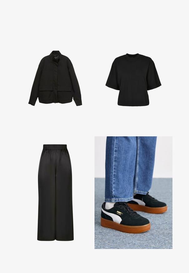 Čierna bunda s vysokým golierom, predným zipsom a dvoma veľkými vreckami na klopu. Vyrobená z hladkej, ľahkej tkaniny s voľným strihom.; Čierne skrátené tričko z bavlny. Disponuje krátkymi rukávmi a okrúhlym výstrihom. Hladká textúra s jednoduchým dizajnom, bez ďalších vzorov.; Čierne široké nohavice vyrobené z hladkého, lesklého materiálu s elastickým pásom a bez viditeľných vreciek či kovových detailov.; Čierno-biele tenisky s jemným semišovým textúrom a gumovou podrážkou. Majú zlaté logo na boku a okrúhle šnúrky, nosené s modrými džínsami.