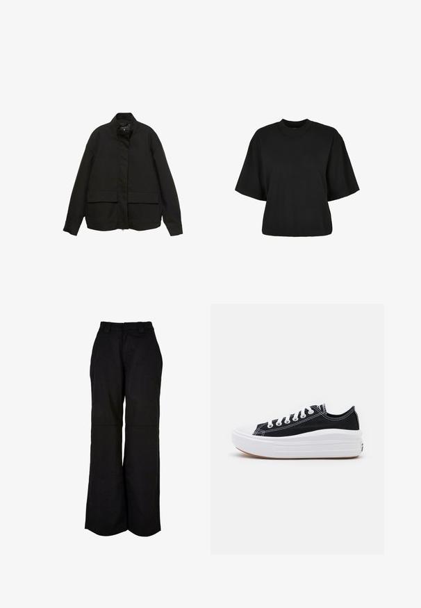 Svart jacka med hög krage, framzippering och två stora fickor med klaff. Tillverkad av ett mjukt, lätt tyg med en avslappnad passform.; Svart cropped t-shirt i bomull. Har korta ärmar och rund halsringning. Slät yta med en enkel design, utan ytterligare mönster.; Svarta vida byxor med en slät yta, två framfickor och ett sömlöst midjeband för enkel användning.; Svarta kanvas sneakers med vita snören, vit gummitå och en kraftig vit mellansula. Har subtila vita sömmar och en gummisula.