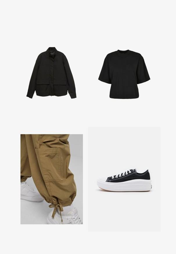 Fekete dzseki magas gallérral, elöl cipzárral és két nagy fedeles zsebbel. Simító, könnyű anyagból készült, laza szabású.; Fekete, rövid ujjú, pamut crop póló. Kerek nyakkivágással rendelkezik. Simára készült textúrája van, egyszerű dizájn, nincs rajta további minta.; Khaki katonai nadrág elasztikus mandzsettával, oldalzsebekkel és puha tapintással, fehér sportcipőkkel párosítva. Kényelmes dizájn, amely alkalmas a mindennapi viseletre.; Fekete vászon sportcipők fehér fűzővel, fehér gumi orral és vastag fehér középtalppal. Finom fehér varrással és gumi talppal rendelkezik.