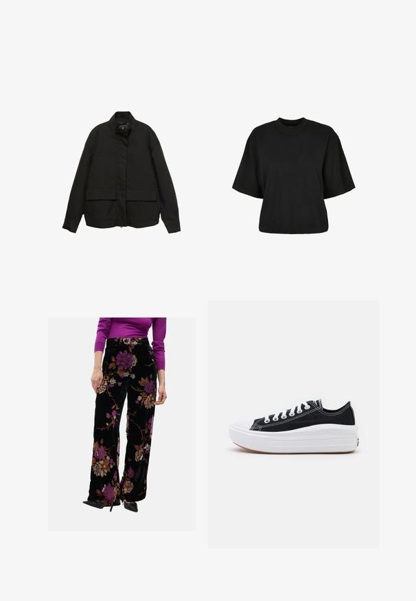 Crna jakna s visokim ovratnikom, prednjim zatvaračem i dva velika džepa s preklopom. Izrađena je od glatkog, laganog materijala s opuštenim krojem.; Crna skraćena majica od pamuka. Ima kratke rukave i okrugli izrez. Glatka tekstura s jednostavnim dizajnom, bez dodatnih uzoraka.; Crne baršunaste hlače s ljubičastim i smeškastim cvjetnim uzorcima, široke nogavice, visoki struk i bočne džepove, u kombinaciji s ljubičastom majicom.; Crne platnene tenisice s bijelim vezicama, bijelim gumastim vrhom i debelim bijelim međusolom. Imaju suptilnu bijelu šav, a đon je od gume.
