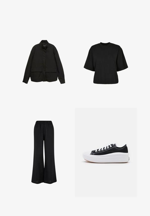 Schwarze Jacke mit hohem Kragen, Frontreißverschluss und zwei großen Klappentaschen. Aus einem glatten, leichten Stoff gefertigt und mit einer lockeren Passform.; Schwarzes, kurz geschnittenes T-Shirt aus Baumwolle. Hat kurze Ärmel und einen runden Halsausschnitt. Glatte Textur mit einem schlichten Design, ohne zusätzliche Muster.; Schwarze weit geschnittene Hosen aus einem leichten Material. Mit einem elastischen Taillenbund und einem bodenlangen, fließenden Design.; Schwarze Canvas-Sneaker mit weißen Schnürsenkeln, weißer Gummikappe und einer massiven weißen Zwischensohle. Besondere Merkmale sind dezente weiße Nähte und eine Gummisohle.
