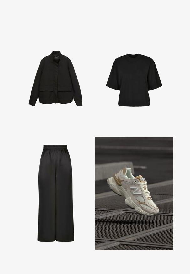 Jachetă neagră cu guler înalt, închidere cu fermoar frontal și două buzunare mari cu clapetă. Fabricată dintr-un material neted, ușor, cu o croială lejeră.; Tricou scurt, negru, din bumbac. Are mâneci scurte și un decolteu rotund. Textură netedă cu un design simplu, fără modele adiționale.; Pantaloni negri cu picioare largi, fabricați dintr-un material neted și lucios, cu un elastic la talie și fără buzunare vizibile sau detalii metalice.; Pantof sport crem și bej, realizat din materiale din plasă și piele intoarsă, cu un logo "N" proeminent, guler căptușit și talpă de cauciuc texturată, suspendat deasupra unei suprafețe grilaj.