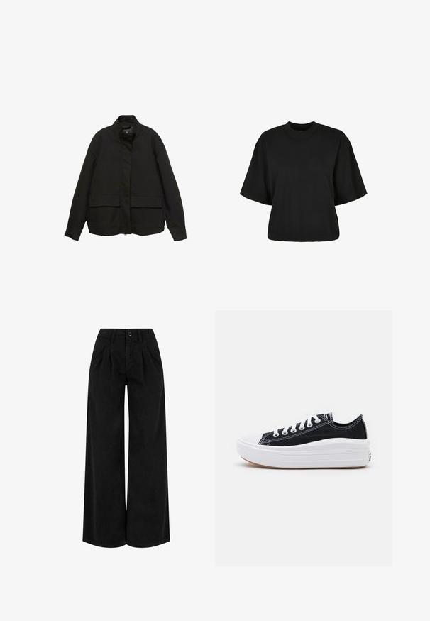 Czarna kurtka z wysokim kołnierzem, z przodu na zamek błyskawiczny i dwoma dużymi kieszeniami z klapami. Wykonana z gładkiego, lekkiego materiału o luźnym kroju.; Czarny krótki t-shirt wykonany z bawełny. Posiada krótkie rękawy i okrągły dekolt. Gładka tekstura z prostym wzornictwem, bez dodatkowych wzorów.; Czarne szerokie spodnie wykonane z lekkiego materiału, z plisami z przodu, z zapięciem na guzik i estetycznym wykończeniem u dołu.; Czarne płócienne tenisówki z białymi sznurowadłami, białą gumową czapeczką na palcach i masywną białą podeszwą. Mają subtelne białe przeszycia i gumową podeszwę.
