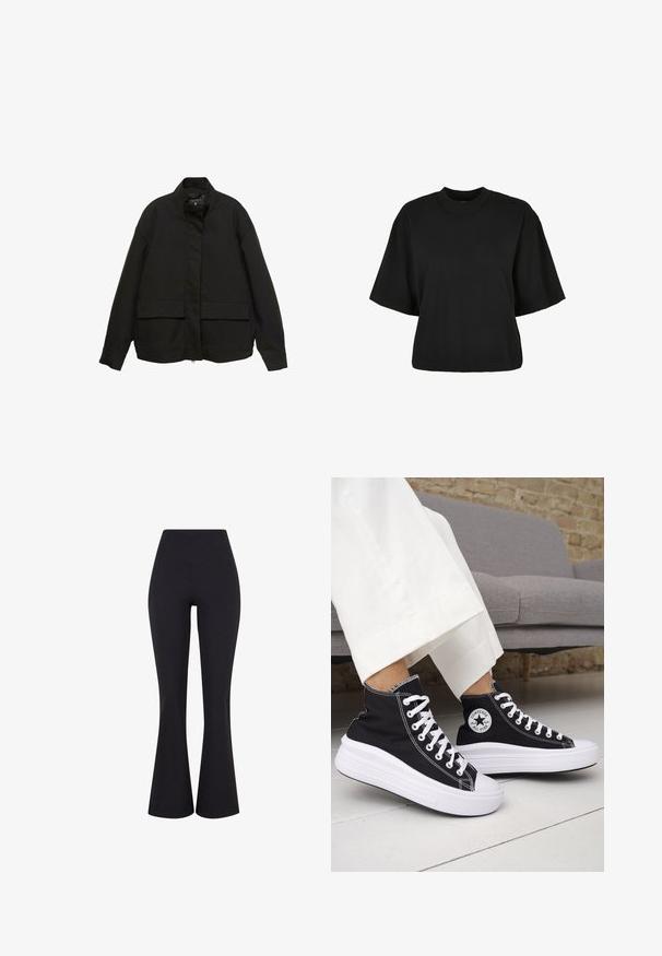 Crna jakna s visokim ovratnikom, prednjim zatvaračem i dva velika džepa s preklopom. Izrađena je od glatkog, laganog materijala s opuštenim krojem.; Crna skraćena majica od pamuka. Ima kratke rukave i okrugli izrez. Glatka tekstura s jednostavnim dizajnom, bez dodatnih uzoraka.; Crne, visoke, raskošne hlače izrađene od rastezljive tkanine. Imaju glatku teksturu i uski kroj oko bokova.; Crne tenisice visoke košarke s bijelim gumenim potplatom i vezicama. Imaju okruglu logotipsku zakrpu i kontrastni bijeli šav. Materijal od platna.