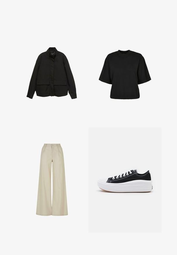 Giacca nera con colletto alto, chiusura frontale con zip e due ampie tasche a patta. Realizzata in un tessuto morbido e leggero con una vestibilità comoda.; Maglietta nera cropped realizzata in cotone. Presenta maniche corte e un collo rotondo. Tessuto liscio con un design semplice, senza ulteriori motivi.; Pantaloni beige a gamba larga realizzati in tessuto intrecciato, con pieghe frontali, chiusura con bottone e una texture liscia. Orli diritti.; Sneaker nere in tela con lacci bianchi, punta in gomma bianca e una suola intermedia bianca e spessa. Presentano cuciture bianche sottili e una suola in gomma.