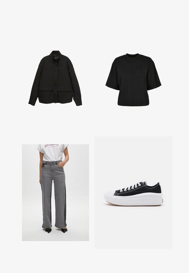 Černá bunda s vysokým límcem, předním zipem a dvěma velkými kapsami na klopy. Vyrobena z hladké, lehké látky s volným střihem.; Černé zkrácené tričko vyrobené z bavlny. Má krátké rukávy a kulatý výstřih. Hladký povrch s jednoduchým designem, bez dalších vzorů.; Šedé široké džínsy s černými bočními panely, mají přední kapsy, zapínání na knoflík a rovný střih. Hladká denimová textura.; Černé plátěné tenisky s bílými tkaničkami, bílým gumovým špičkovým krytem a masivní bílou střední podrážkou. Mají jemné bílé švy a gumovou podešev.