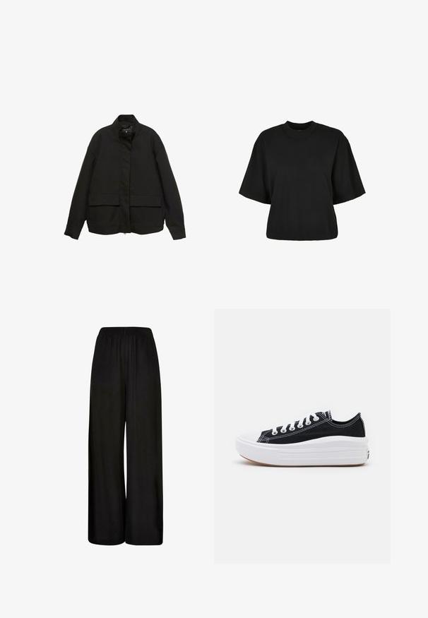 Černá bunda s vysokým límcem, předním zipem a dvěma velkými kapsami na klopy. Vyrobena z hladké, lehké látky s volným střihem.; Černé zkrácené tričko vyrobené z bavlny. Má krátké rukávy a kulatý výstřih. Hladký povrch s jednoduchým designem, bez dalších vzorů.; Černé široké kalhoty vyrobené z hladké tkaniny. Mají elastický pas a volný, splývavý střih pro pohodlí a snadný pohyb.; Černé plátěné tenisky s bílými tkaničkami, bílým gumovým špičkovým krytem a masivní bílou střední podrážkou. Mají jemné bílé švy a gumovou podešev.