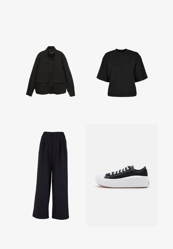 Czarna kurtka z wysokim kołnierzem, z przodu na zamek błyskawiczny i dwoma dużymi kieszeniami z klapami. Wykonana z gładkiego, lekkiego materiału o luźnym kroju.; Czarny krótki t-shirt wykonany z bawełny. Posiada krótkie rękawy i okrągły dekolt. Gładka tekstura z prostym wzornictwem, bez dodatkowych wzorów.; Szerokie spodnie z czarnego materiału, z przodu zaprasowane, z zapięciem na guzik i gładką fakturą. Dopasowany krój z wysokim stanem.; Czarne płócienne tenisówki z białymi sznurowadłami, białą gumową czapeczką na palcach i masywną białą podeszwą. Mają subtelne białe przeszycia i gumową podeszwę.