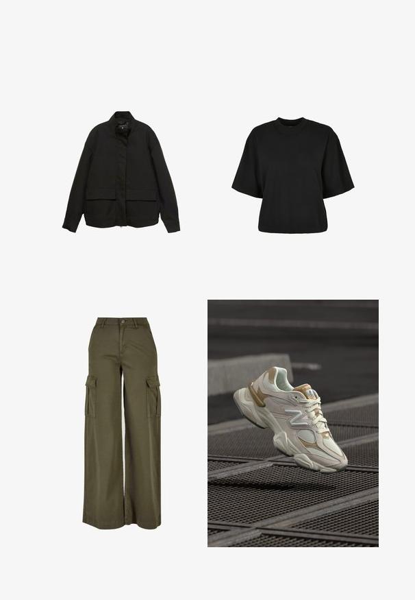 Czarna kurtka z wysokim kołnierzem, z przodu na zamek błyskawiczny i dwoma dużymi kieszeniami z klapami. Wykonana z gładkiego, lekkiego materiału o luźnym kroju.; Czarny krótki t-shirt wykonany z bawełny. Posiada krótkie rękawy i okrągły dekolt. Gładka tekstura z prostym wzornictwem, bez dodatkowych wzorów.; Oliwkowe szerokie spodnie cargo z dwiema bocznymi kieszeniami, wykonane z miękkiego, trwałego materiału. Charakteryzują się szczegółowym przeszyciem i zapięciem na guzik.; Kremowo-beżowy sneaker wykonany z siateczki i zamszu, z widocznym logo "N", wyściełanym kołnierzem i teksturowaną gumową podeszwą, zawieszony nad powierzchnią w kształcie siatki.