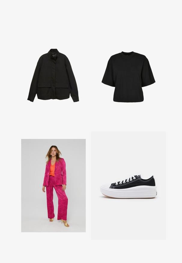 Svart jacka med hög krage, framzippering och två stora fickor med klaff. Tillverkad av ett mjukt, lätt tyg med en avslappnad passform.; Svart cropped t-shirt i bomull. Har korta ärmar och rund halsringning. Slät yta med en enkel design, utan ytterligare mönster.; Rosa leopardmönstrad kostym med en figursydd kavaj och vida byxor, matchad med en orange V-ringad topp och guldhöga klacksandaler.; Svarta kanvas sneakers med vita snören, vit gummitå och en kraftig vit mellansula. Har subtila vita sömmar och en gummisula.