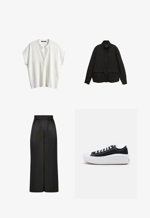 Giacca nera con colletto alto, chiusura frontale con zip e due ampie tasche a patta. Realizzata in un tessuto morbido e leggero con una vestibilità comoda.; Camicetta bianca a maniche corte con un motivo testurizzato, colletto rotondo e chiusura a bottoni. Tessuto morbido e vestibilità rilassata.; Pantaloni neri a gamba larga realizzati in un tessuto liscio e lucido, con una vita elastica e senza tasche visibili o dettagli in metallo.; Sneaker nere in tela con lacci bianchi, punta in gomma bianca e una suola intermedia bianca e spessa. Presentano cuciture bianche sottili e una suola in gomma.
