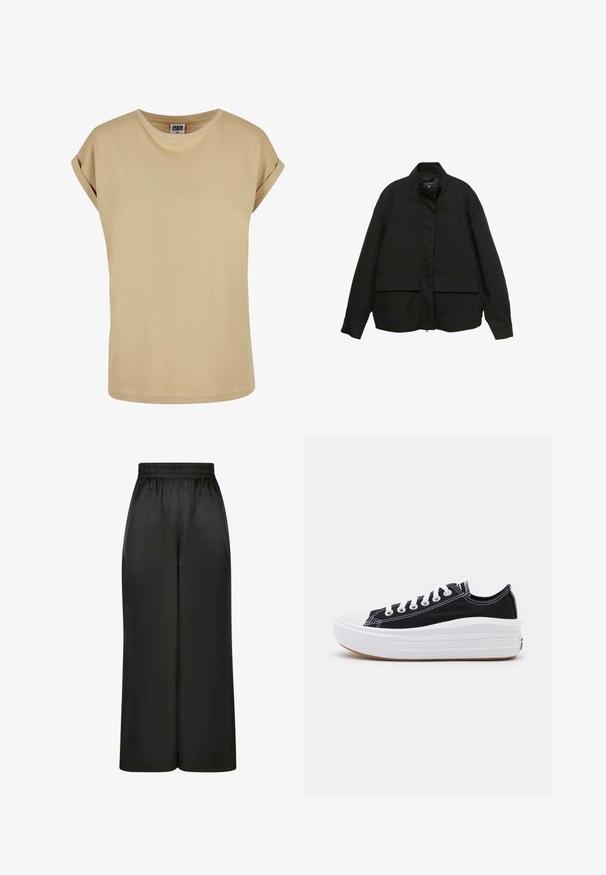 Crna jakna s visokim ovratnikom, prednjim zatvaračem i dva velika džepa s preklopom. Izrađena je od glatkog, laganog materijala s opuštenim krojem.; Bež majica kratkih rukava s okruglim izrezom i smotanim rukavima. Izrađena od mekog materijala s glatkom teksturom, s diskretnim detaljima šivanja.; Crne široke hlače napravljene od glatkog, sjajnog materijala s elastičnim pojasom i bez vidljivih džepova ili metalnih detalja.; Crne platnene tenisice s bijelim vezicama, bijelim gumastim vrhom i debelim bijelim međusolom. Imaju suptilnu bijelu šav, a đon je od gume.