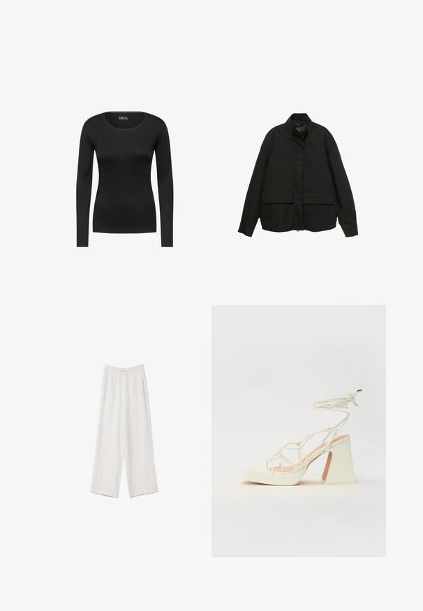 Schwarze Jacke mit hohem Kragen, Frontreißverschluss und zwei großen Klappentaschen. Aus einem glatten, leichten Stoff gefertigt und mit einer lockeren Passform.; Schwarzes Longsleeve-Shirt mit Rundhalsausschnitt. Aus glattem Stoff gefertigt, mit figurnahem Design ohne sichtbare Muster oder Akzente.; Weiße weit geschnittene Hose aus leichtem Stoff. Mit einem elastischen Bund und Kordelzug sowie Seitentaschen. Glatte Textur.; Weiße High-Heel-Sandale mit einem klobigen Absatz, die über ein Riemchendesign und ein Knöchelband verfügt. Glatte Textur mit einer Plattform vorne für zusätzliche Höhe.