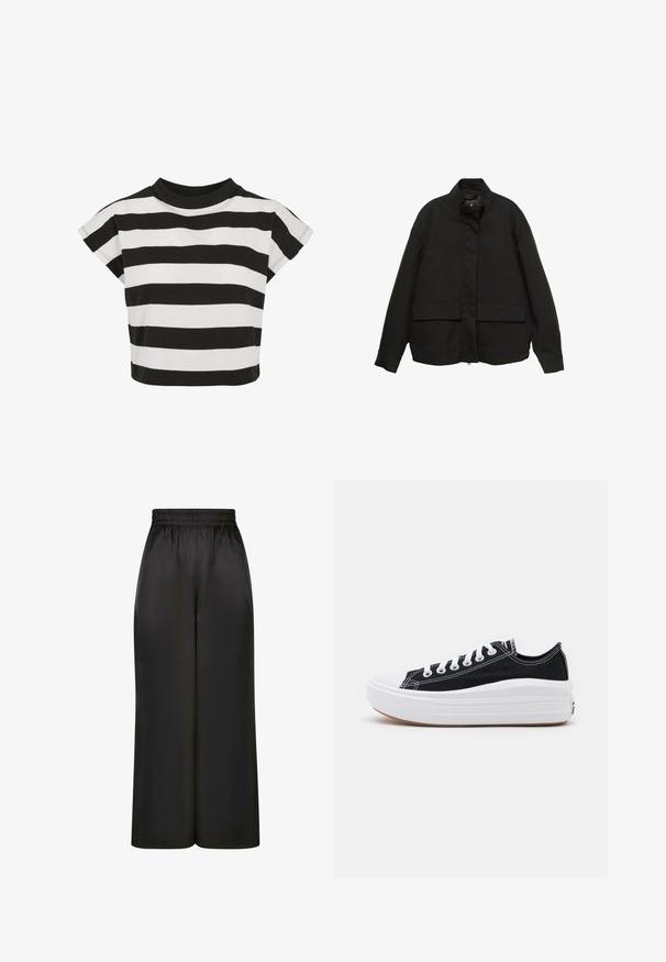 Fekete dzseki magas gallérral, elöl cipzárral és két nagy fedeles zsebbel. Simító, könnyű anyagból készült, laza szabású.; Fekete-fehér csíkos cropped top lekerekített nyakkivágással és rövid, kis ujjal; puha pamut anyagból készült.; Fekete, bő szárú nadrág, sima, fényes anyagból, rugalmas derékrésszel, látható zsebek vagy fém részletek nélkül.; Fekete vászon sportcipők fehér fűzővel, fehér gumi orral és vastag fehér középtalppal. Finom fehér varrással és gumi talppal rendelkezik.