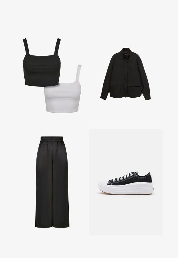 Mustan takki, jossa on korkea kaulus, etuvetoketju ja kaksi suurta läpällistä taskua. Valmistettu sileästä, kevyestä kankaasta, jossa on rento malli.; Kaksi hihattomia lyhyitä paitaa, yksi musta ja yksi valkoinen, valmistettu sileästä kankaasta, jossa on neliön muotoiset kaula-aukot ja säädettävät hihnat.; Mustat, leveät housut, jotka on valmistettu sileästä, kiiltävästä kankaasta, jossa on joustava vyötärö ja ei näkyviä taskuja tai metalliosia.; Mustat kangaskengät valkoisilla nauhoilla, valkoisella kumitupsulla ja paksulla valkoisella välipohjalla. Ominaisuuksiin kuuluu hienovarainen valkoinen ommel ja kumipohja.