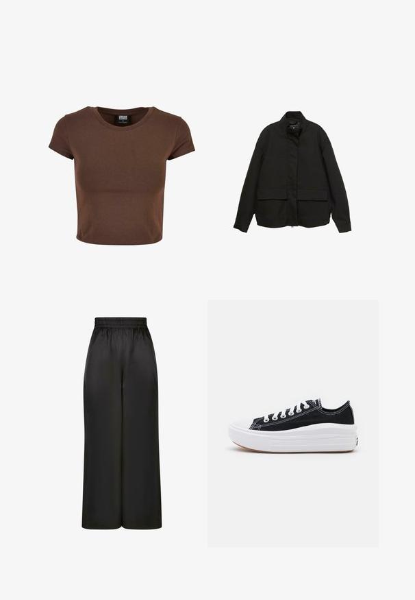 Svart jacka med hög krage, framzippering och två stora fickor med klaff. Tillverkad av ett mjukt, lätt tyg med en avslappnad passform.; Brun bomull kortärmad crop top med rund halsringning. Har en figurnära design och en mjuk, elastisk textur. Etikett synlig på insidan.; Svarta vida byxor i slät, glänsande tyg med resårmidja och utan synliga fickor eller hårdvarudetaljer.; Svarta kanvas sneakers med vita snören, vit gummitå och en kraftig vit mellansula. Har subtila vita sömmar och en gummisula.