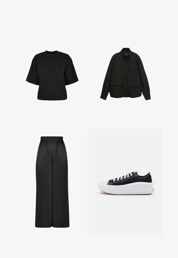 Giacca nera con colletto alto, chiusura frontale con zip e due ampie tasche a patta. Realizzata in un tessuto morbido e leggero con una vestibilità comoda.; Maglietta nera cropped realizzata in cotone. Presenta maniche corte e un collo rotondo. Tessuto liscio con un design semplice, senza ulteriori motivi.; Pantaloni neri a gamba larga realizzati in un tessuto liscio e lucido, con una vita elastica e senza tasche visibili o dettagli in metallo.; Sneaker nere in tela con lacci bianchi, punta in gomma bianca e una suola intermedia bianca e spessa. Presentano cuciture bianche sottili e una suola in gomma.