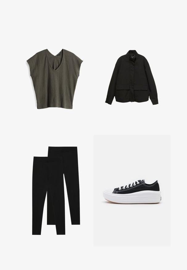 Zwarte jas met een hoge kraag, ritssluiting aan de voorkant en twee grote klepzakken. Gemaakt van een gladde, lichte stof met een relaxte pasvorm.; Olijfgroene, kortmouwtop met een textuur, gekreukt ontwerp en een V-hals. Lichte stof met een losse, relaxte pasvorm.; Zwarte leggings van rekbaar materiaal, met een naadloze tailleband en een slank ontwerp, geschikt voor casual wear of lichaamsbeweging.; Zwarte canvas sneakers met witte veters, een witte rubberen teenkap en een chunky witte tussenzool. Bevat subtiele witte stiksels en een gumzool.