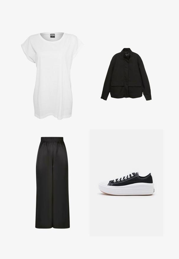 Jachetă neagră cu guler înalt, închidere cu fermoar frontal și două buzunare mari cu clapetă. Fabricată dintr-un material neted, ușor, cu o croială lejeră.; Tricou alb cu mânecă scurtă, realizat din bumbac, cu o croială lejeră, decolteu larg și un design minimalist, fără modele sau accente.; Pantaloni negri cu picioare largi, fabricați dintr-un material neted și lucios, cu un elastic la talie și fără buzunare vizibile sau detalii metalice.; Adidași negri din pânză cu șireturi albe, vârf alb din cauciuc și o talpă medie groasă albă. Prezintă cusături subtile albe și o talpă din cauciuc.