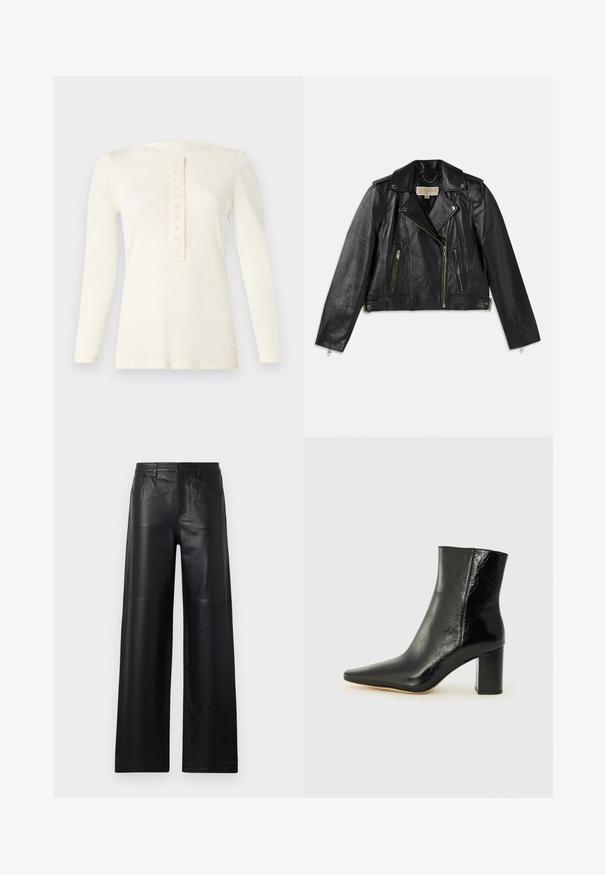 Zwarte leren motorjack met een aansluitend ontwerp, asymmetrische rits aan de voorkant, twee voorkoeken en accenten in goudkleurig metaal.; Een crème top met lange mouwen, gemaakt van zachte stof, met een ronde halslijn en een knoopsluiting met negen knopen in het midden.; Zwarte leren broek met wijde pijpen en een gladde textuur, voorzien van voorzakken, een knoopsluiting en subtiele stiksels.; Zwarte enkellaarsjes van glanzend leer met een puntige neus en een stevige, vierkante hak. Heeft een gladde textuur en een minimalistisch ontwerp.