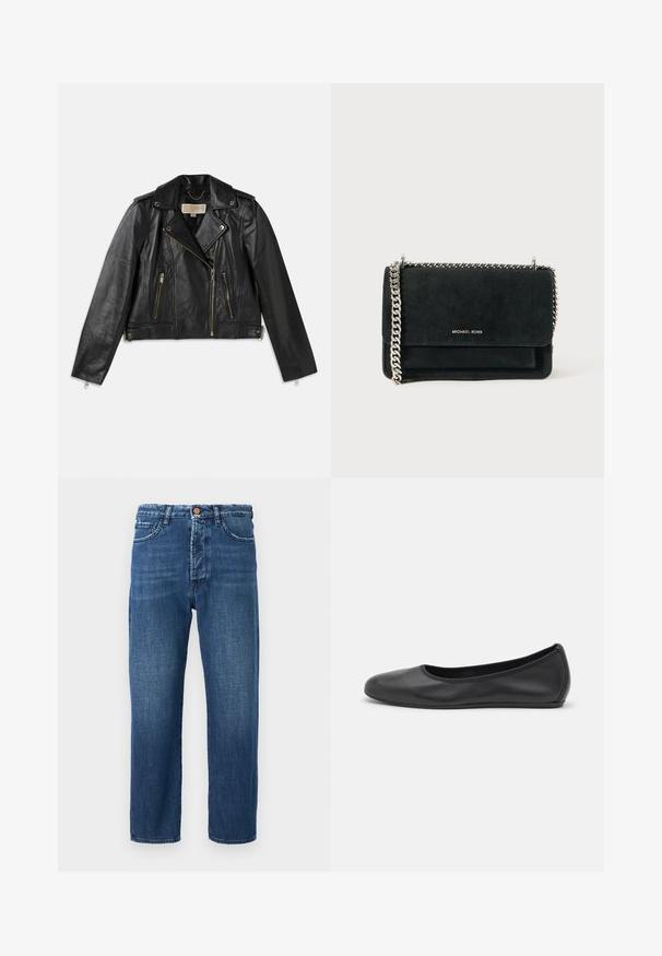 Mustmust värvi nahktagi mootorrattale, millel on vormitud disain, asümeetriline esineede lukustus, kaks esikotti ja kullatoonis riistvara aksendid.; Valge ilma varrukateta tipp, mis on valmistatud siledast kangast, ümara kaelusega ja õlgadel on peened voldid, millel on kõverdatud alläärega.; Tumedast sinise denimiga sirged teksad, millel on lukuga sulgemine, viis taskut ja kontraste õmblusdetailid.; Musthave mustika tantsutossud mustast nahast, ümmarguse varbaga, siledast tekstuurist, minimaalse õmblusdetailiga ja paindliku tallakujundusega.; Mustat sametist käekotid hõbedase kettstrapiga, millel on klapiga sulgemine ja esipaneelil reljeefne logo. Kompaktne ja ristkülikukujuline vorm.