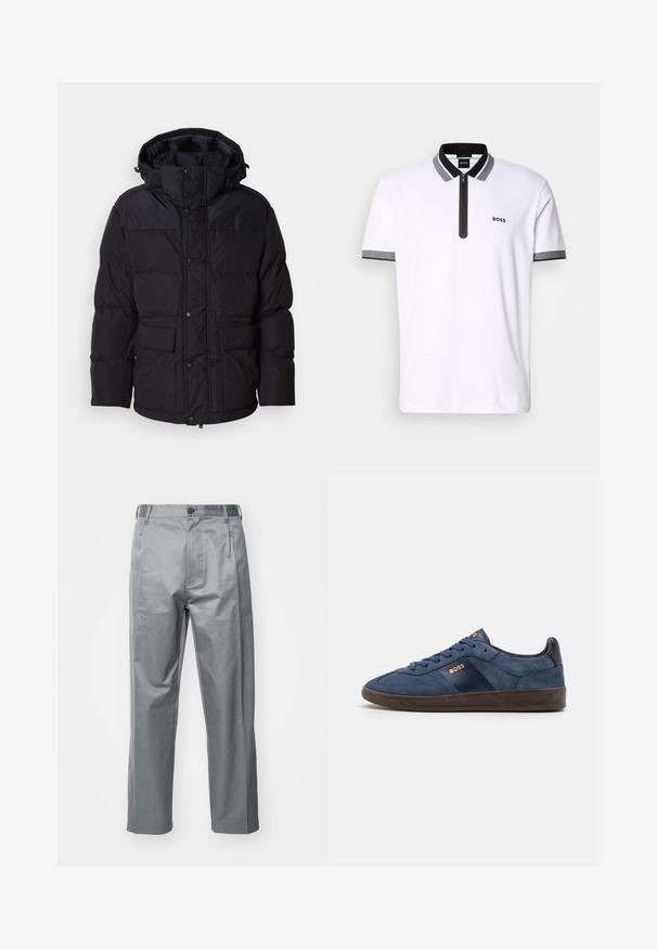 Μαύρο μπουφάν πούφ με κουκούλα, διαθέτοντας κλείσιμο με φερμουάρ και κουμπί σ snap, δύο μπροστινές τσέπες και υφή καπιτονέ.; Λευκό πόλο μπλουζάκι με μαύρα και γκρι περιθώρια στον γιακά και τα μανίκια, φερμουάρ μπροστά και κεντημένο λογότυπο "BOSS" στο αριστερό στήθος.; Γκρι βαμβακερό παντελόνι με ίσια γραμμή, διαθέτει μπροστινό κλείσιμο με κουμπί, θηλιές για ζώνη και πλαϊνές τσέπες.; Ναυτικό μπλε σουέτ αθλητικά παπούτσια με μαύρες δερμάτινες λεπτομέρειες, στρογγυλή μύτη και υφασμάτινη σόλα από καουτσούκ. Διαθέτει το χρυσό λογότυπο "BOSS" στο πλάι.