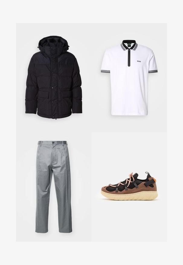Fekete pufferszerű dzseki kapucnival, cipzárral és patentos záródással, két elülső zsebbel és steppelt felülettel.; Fehér póló fekete és szürke gallérral és ujjak trimmjével, cipzáras nyakkal, valamint hímzett "BOSS" logóval a bal mellrészen.; Szürke pamut keverék nadrág, egyenes szabással, elülső gombos záródással, övrésekkel és oldalsó zsebekkel.; HUGO REEFLYN - Sportcipő - open brown