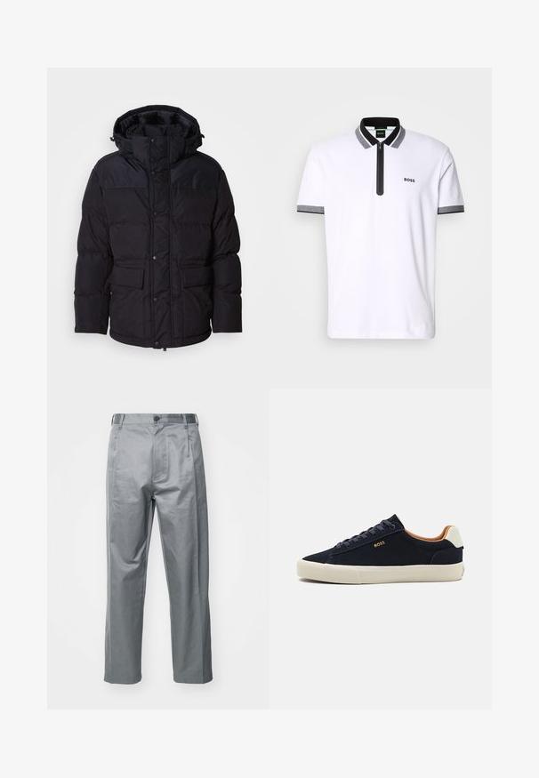 Melnā pūkāpežā ar kapuci, ar rāvējslēdzēju un pogu aizdari, divām priekšējām kabatām un quiltētu tekstūru.; Balts polo krekls ar melnu un pelēku apkakli un piedurkņu apdari, ar rāvējslēdzēja atvērumu un izšuvumu "BOSS" kreisajā krūtī.; Pelēki kokvilnas maisījuma bikses ar taisnu kāju dizainu, ar priekša pogu aizdarījumu, siksnu cilpām un sānu kabatām.; Jūras zila zamšāda zema tipa sporta apavi ar gaiši brūnu zoli, kontrastējošu brūnu iekšpusi un logotipa detaļu uz ārējās puses. Iespējas ietver apaļās šnerves un gludu faktūru.