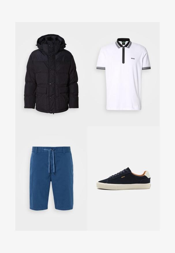 Juodas pūkinis džemperis su kapišonu, su užtrauktuku ir snapeliu, dviem priekinėmis kišenėmis ir siuvinėta tekstūra.; Balta polo marškinėliai su juoda ir pilka apykakle bei rankovių apdaila, užtrauktukas priekyje, išsiuvinėtas "BOSS" logotipas kairėje krūtinės pusėje.; Mėlyni medvilniniai šortai su elastiniu liemeniu, raišteliu, šoninėmis kišenėmis ir švelnia tekstūra. Nėra matomų raštų ar akcentų.; Tamsiai mėlynos suknelės odos žemi batai su smėlio spalvos padu, kontrastuojančia tan spalvos vidine dalimi ir logotipo detalėmis išorinėje pusėje. Savybės: apvalios raišteliai ir lygi tekstūra.