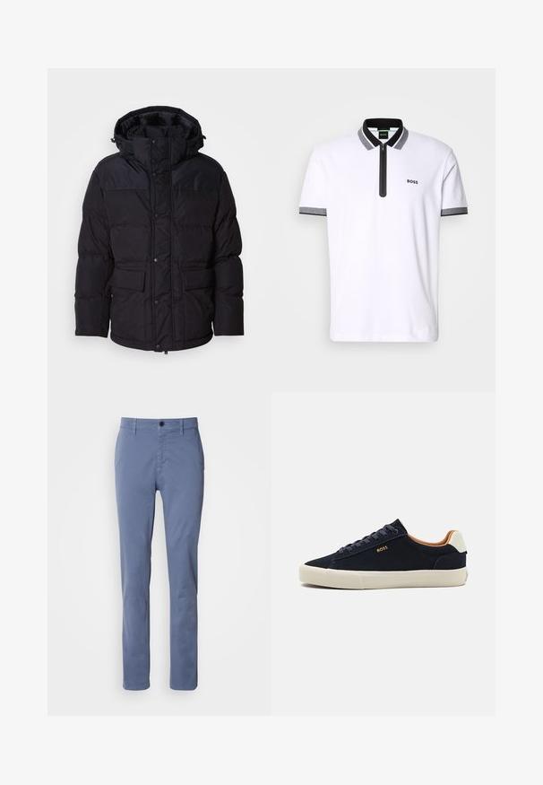 Melnā pūkāpežā ar kapuci, ar rāvējslēdzēju un pogu aizdari, divām priekšējām kabatām un quiltētu tekstūru.; Balts polo krekls ar melnu un pelēku apkakli un piedurkņu apdari, ar rāvējslēdzēja atvērumu un izšuvumu "BOSS" kreisajā krūtī.; Zilas taisnās kājas bikses ar pogas un rāvējslēdzēja aizdari, jostas cilpiņām un priekšējām kabatām, attēlotas uz baltas fona.; Jūras zila zamšāda zema tipa sporta apavi ar gaiši brūnu zoli, kontrastējošu brūnu iekšpusi un logotipa detaļu uz ārējās puses. Iespējas ietver apaļās šnerves un gludu faktūru.