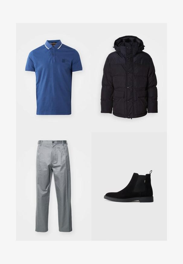 Fekete pufferszerű dzseki kapucnival, cipzárral és patentos záródással, két elülső zsebbel és steppelt felülettel.; Sötétkék pamut pólóing, két gombos kivágással, rövid ujjal és fehér részletekkel a galléron és az ujjvégén.; Szürke pamut keverék nadrág, egyenes szabással, elülső gombos záródással, övrésekkel és oldalsó zsebekkel.; Fekete velúr Chelsea csizma, elasztikus oldalpanellel, lekerekített orral és alacsony gumitalppal. Hátulján húzófül található az egyszerű felvétel érdekében.