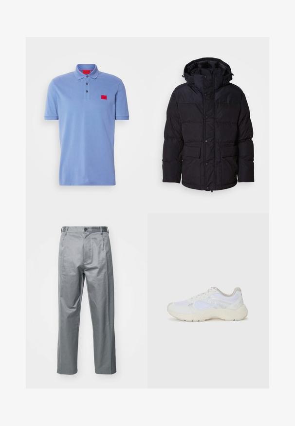 Must must-hall, millel kapuutsi, millel on tõmblukk ja nööbiga sulgemine, kaks esikotti ja tepitud tekstuur.; Hele sinine polo särk puuvillast, millel on kolmesuunaline nööpide rida, soonikkoes krae ja kontrastne punane logo märk rinnal.; Hallitse hägatud puuvillasegused püksid, millel on sirge lõikega disain, ees nupuga kinnitus, vööde augud ja küljetaskud.; Valged sportlikud jalanõud, mis on valmistatud võrkkangast ja seemisnahast, sisaldavad tekstureeritud vahetald, tekstureeritud aktsentide ning küljes oleva "HUGO" logo.