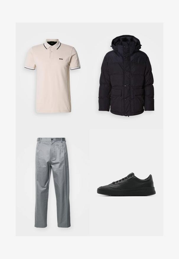 Fekete pufferszerű dzseki kapucnival, cipzárral és patentos záródással, két elülső zsebbel és steppelt felülettel.; Beige színű pamut póló, klasszikus gallérral. Fekete és fehér csíkos részletek találhatók az ujjakon, valamint egy kis logó.; Szürke pamut keverék nadrág, egyenes szabással, elülső gombos záródással, övrésekkel és oldalsó zsebekkel.; Fekete sneaker sima bőr felsőrésszel, kerek orral, lapos fűzőkkel, párnázott nyakkal és minimalista dizájnnal. Gumi talp finom profillal.