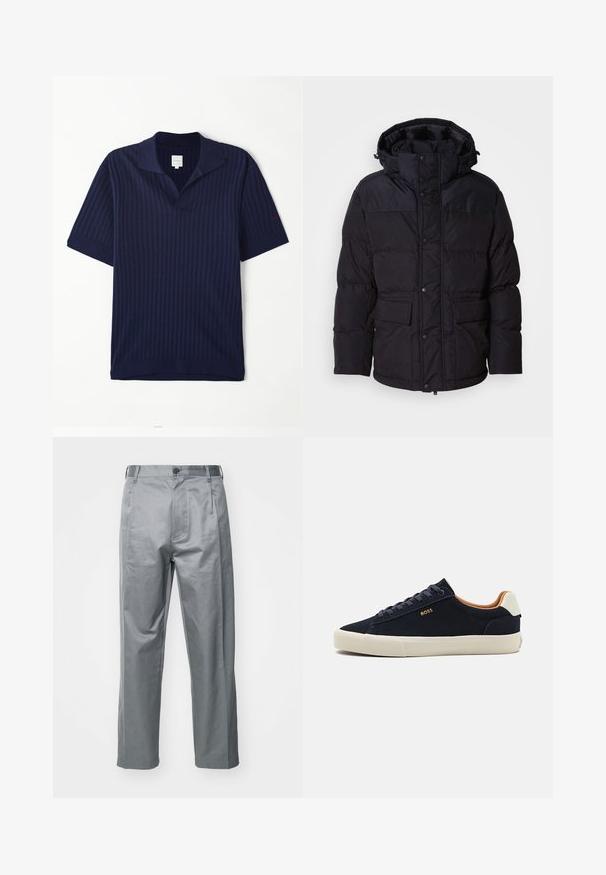 Fekete pufferszerű dzseki kapucnival, cipzárral és patentos záródással, két elülső zsebbel és steppelt felülettel.; Tengerészkék, rövid ujjú pólóing bordás textúrával, lapos gallérral és piros hímzett logóval a bal ujján.; Szürke pamut keverék nadrág, egyenes szabással, elülső gombos záródással, övrésekkel és oldalsó zsebekkel.; Kék velúr alacsony sneakers bézs talppal, kontrasztos barna belső résszel és logóval a külső oldalon. Kerek fűzőkkel és sima textúrával rendelkezik.