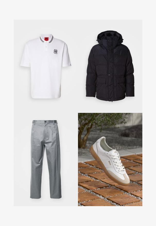 Must must-hall, millel kapuutsi, millel on tõmblukk ja nööbiga sulgemine, kaks esikotti ja tepitud tekstuur.; Valge puuvillane polosärk, millel on kahest nupust koosnev kaelus, halliribuline krae ja must tikand logoga vasakul rinnal.; Hallitse hägatud puuvillasegused püksid, millel on sirge lõikega disain, ees nupuga kinnitus, vööde augud ja küljetaskud.; Valge nahast sneaker, millel on beežist suede'ist detailid, ümar varvas, paelad ees ja pruun kummist tald, millel on brändinimi "BOSS."