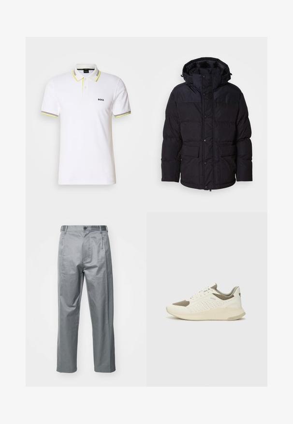 Fekete pufferszerű dzseki kapucnival, cipzárral és patentos záródással, két elülső zsebbel és steppelt felülettel.; Fehér pamut póló, két gombos záródással, fekete "BOSS" logóval és színes csíkokkal a galléron és az ujjakon.; Szürke pamut keverék nadrág, egyenes szabással, elülső gombos záródással, övrésekkel és oldalsó zsebekkel.; Fehér és világos bézs sportcipő, légies hálós felsőrésszel, perforált részletekkel és texturált középtalppal, amelyen a saroknál a márka logója található.