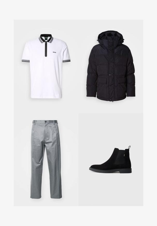 Juodas pūkinis džemperis su kapišonu, su užtrauktuku ir snapeliu, dviem priekinėmis kišenėmis ir siuvinėta tekstūra.; Balta polo marškinėliai su juoda ir pilka apykakle bei rankovių apdaila, užtrauktukas priekyje, išsiuvinėtas "BOSS" logotipas kairėje krūtinės pusėje.; Pilkos medvilnės mišinio kelnės su tiesiomis kojomis, turinčios priekį mygtuku užsegamas, diržo kilpas ir šonines kišenes.; Juodos zomšinės Chelsea botai su elastingais šonais, apvalia nosimi ir žemu guminiu padu. Yra kilpos užpakalyje, kad būtų lengva apsiauti.