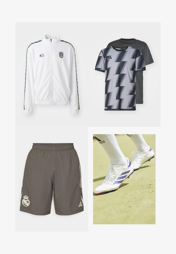 Chaqueta blanca con cremallera y cuello alto, que presenta un logo bordado en azul y rojo, y franjas laterales en negro con un patrón en las mangas. Textura suave.; Dos camisetas de manga corta: una gris con una textura sutil, la otra con un patrón en zigzag en blanco y negro, ambas con escote redondo.; Pantalones cortos deportivos grises con una cintura elástica, rayas laterales de color verde claro y un logo blanco del Real Madrid en el dobladillo izquierdo.; Botas de fútbol blancas con accents en azul y rojo, que presentan tres rayas diagonales, sobre una superficie verde texturizada. Los zapatos están atados y son de corte bajo.