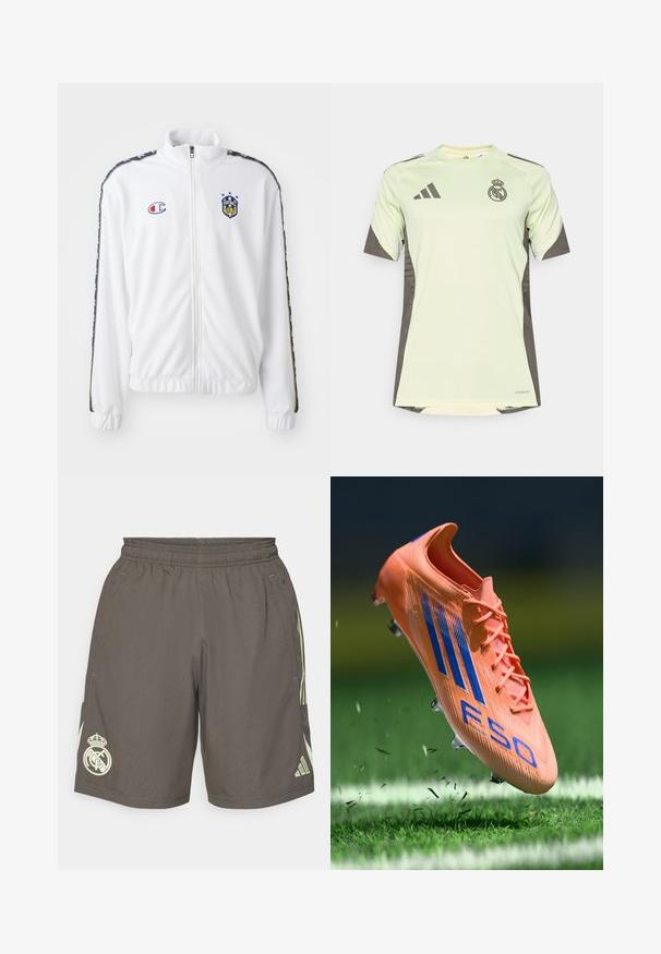 Biała kurtka zapinana na zamek z stójką, z niebieskim i czerwonym haftowanym logo oraz wzorzystymi czarnymi paskami po bokach rękawów. Gładka tekstura.; Jasnozielona koszulka z krótkim rękawem z ciemnoszarymi akcentami, z logo drużyny na piersi, wykonana z oddychającego materiału z technologią odprowadzania wilgoci.; Szare szorty sportowe z elastycznym pasem, jasnooliwkowe paski boczne i białe logo Real Madryt na lewej krawędzi.; Pomarańczowy bucik piłkarski z niebieskimi paskami i teksturowanymi detalami, z podniesioną cholewką i sześcioma korkami, zawieszony nad trawiastym boisko.